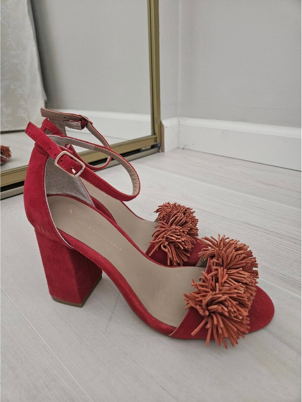 Anthropologie Red Suede Block Heel Sandals with Pom Pom Detail 6.5